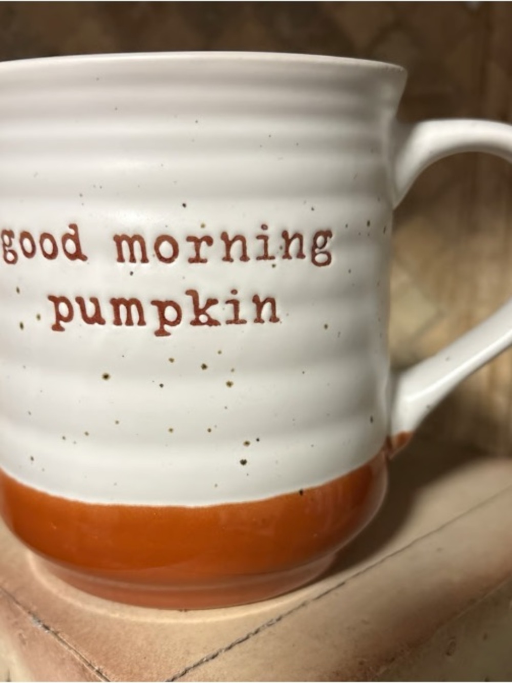 Good Morning Pumpkin Ceramic Mug - White Speckle with Orange Accent